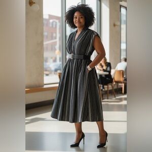 Calvin Klein Black Pinstripe V-Neck Midi Dress with Wide Belt and Pockets sz 14